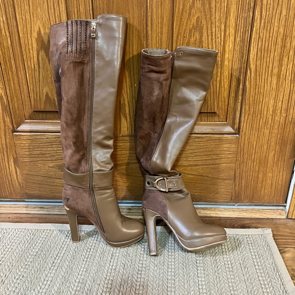 Italina Brown Two-Tone Knee-High Heeled Boots